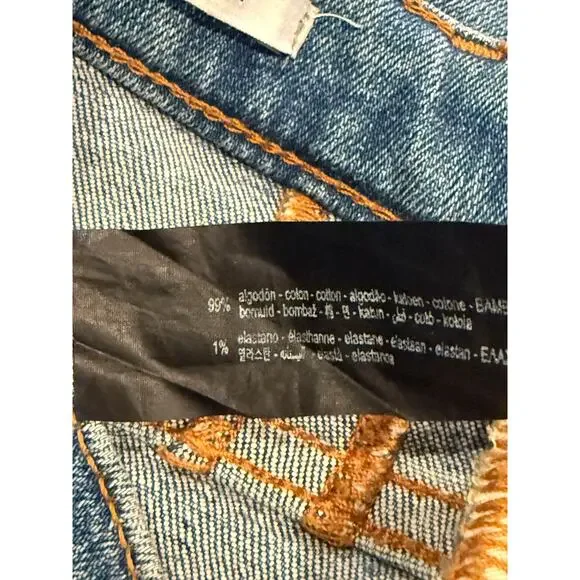 ZARA Bootcut High Rise Straight Jean Stretch Raw Hem Zip Button 2 Blue #3324 - Picture 9 of 14